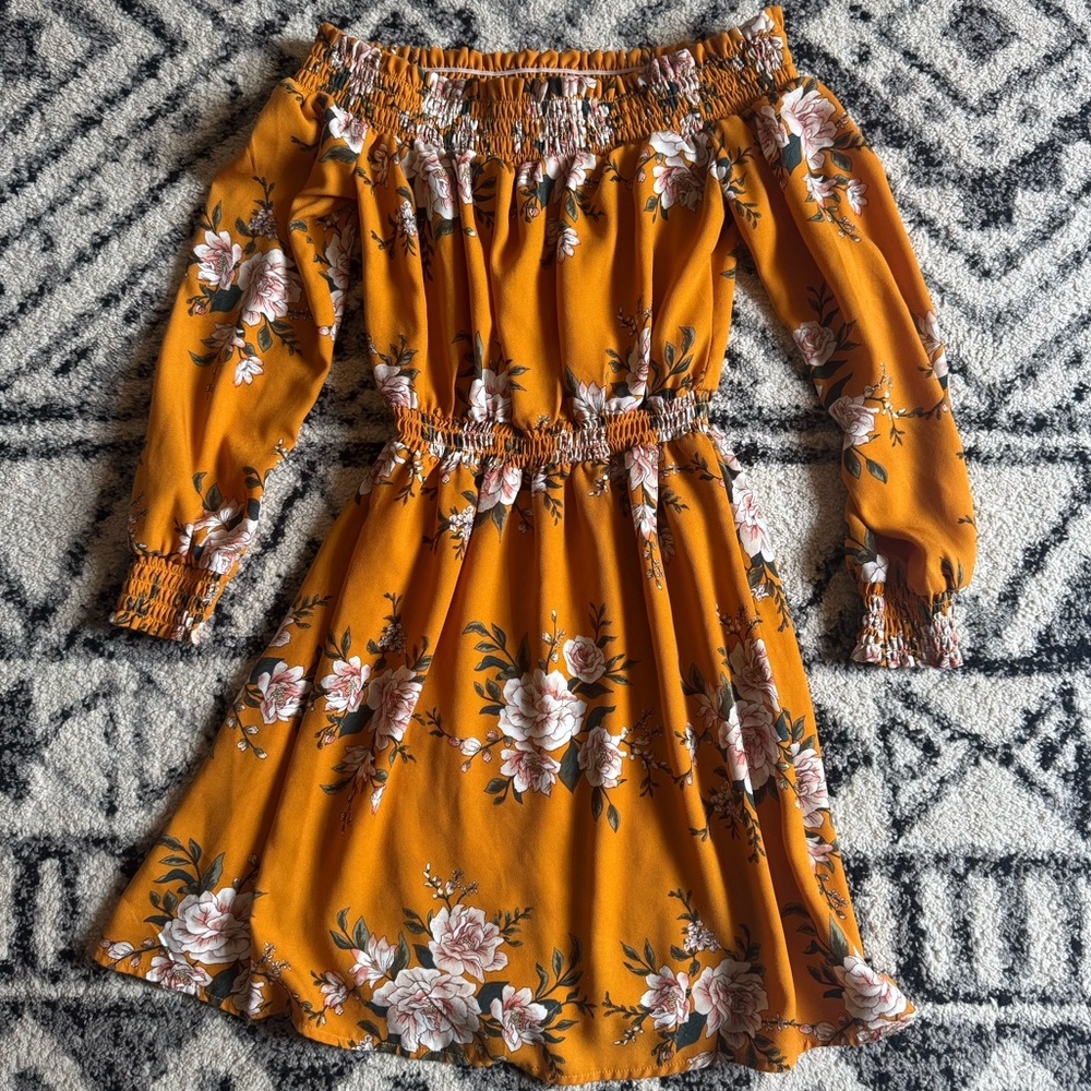 Xhilaration Yellow Mustard Floral Long Sleeve Off-Shoulder Dress